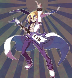 Rule 34 | 1boy, akutare (disgaea), arm up, blonde hair, coat, disgaea, full body, grin, guitar, index finger raised, instrument, jewelry, makai senki disgaea 2, male focus, necklace, one eye closed, pants, red eyes, topless male, shoes, smile, solo, yu (kaburimono ex)