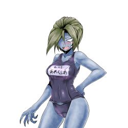 Rule 34 | 1girl, alexia ashford, angry, blue skin, breasts, colored skin, covered erect nipples, curvy, fangs, female focus, monster girl, one-piece swimsuit, resident evil, resident evil - code: veronica, swimsuit