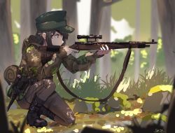 Rule 34 | 1girl, absurdres, aiming, black hair, blurry, blurry background, brown jacket, brown pantyhose, camouflage, commentary, commission, depth of field, english commentary, forest, from side, gar32, grass, green eyes, green headwear, gun, highres, holding, holding gun, holding weapon, hood, hood down, jacket, medium hair, nature, on one knee, original, pantyhose, profile, rifle, signature, sniper rifle, soldier, solo, tent, weapon