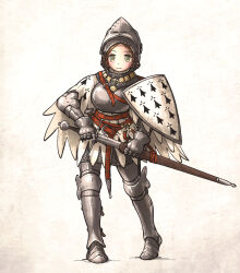 Rule 34 | 1girl, arm shield, armor, breastplate, brown hair, couter, full armor, full body, gauntlets, gloves, greaves, helmet, highres, holding, holding sword, holding weapon, ironlily, knight, medieval, ordo mediare sisters (ironlily), scabbard, sheath, shoulder armor, solo, standing, sword, weapon