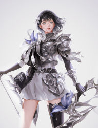 Rule 34 | 1girl, armor, arrow (projectile), black hair, bow (weapon), cowboy shot, daeraeband, dress, grey background, grey eyes, highres, holding, holding bow (weapon), holding weapon, korean commentary, medium hair, nose, original, parted lips, pauldrons, quiver, shoulder armor, single thighhigh, solo, thighhighs, weapon, white background, white dress