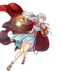 Rule 34 | 1girl, cape, circlet, clenched hand, closed mouth, dress, fire emblem, fire emblem: radiant dawn, fire emblem heroes, full body, grey background, highres, kita senri, long hair, magic, micaiah (fire emblem), nintendo, non-web source, official art, sandals, solo, transparent background, white hair, wide sleeves, yellow eyes