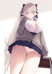 Rule 34 | 1girl, absurdres, azur lane, blush, bra, breasts, chair, classic (zildjian33), formidable (azur lane), grey hair, hair ribbon, highres, lace, lace-trimmed bra, lace-trimmed panties, lace trim, large breasts, long hair, long sleeves, looking at viewer, looking down, panties, pantyshot, partially unbuttoned, pleated skirt, red eyes, ribbon, school chair, school uniform, shirt, skirt, solo, thighs, twintails, two-tone ribbon, underwear, very long hair