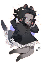 Rule 34 | 1girl, animal ears, animal feet, animal hands, animal nose, arin (fanfan013), artist name, bag, barefoot, black dress, black eyes, black fur, black hair, black ribbon, bloomers, body fur, brown pupils, cat ears, cat girl, cat tail, child, clothing cutout, collared dress, drawn whiskers, dress, fangs, female focus, flat chest, full body, furry, furry female, grey fur, hair ribbon, hands up, happy, highres, knees together feet apart, long sleeves, looking at viewer, matching hair/eyes, neck ribbon, open mouth, orange outline, original, paw print, pawpads, ribbon, short dress, shoulder bag, sidelocks, signature, simple background, smile, solo, sparkle, tail, tail raised, teeth, two-tone fur, underwear, white background, white bloomers