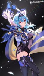 Rule 34 | 1girl, absurdres, arms up, black gloves, black hairband, black leotard, black thighhighs, blue cape, blue hair, blue necktie, blush, breasts, cape, eula (genshin impact), feathers, genshin impact, gloves, hair ornament, hairband, highres, jewelry, large breasts, leotard, long sleeves, looking at viewer, medium hair, necktie, pantheon eve, pendant, purple eyes, sidelocks, solo, thighhighs, thighs, vision (genshin impact)