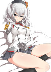 Rule 34 | 1girl, absurdres, beret, black hat, black skirt, black socks, breasts, buttons, clothes lift, epaulettes, feet out of frame, gloves, grey eyes, grey shirt, hat, highres, jacket, kantai collection, kashima (kancolle), kneehighs, large breasts, lifted by self, long sleeves, looking at viewer, military jacket, miniskirt, neckerchief, neckwear lift, pleated skirt, red neckerchief, shirt, sidelocks, silver hair, simple background, sitting, skirt, skirt lift, smile, socks, solo, takase muh, twintails, twitter username, wavy hair, white background, white gloves, white jacket