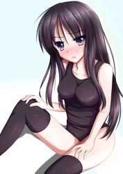 Rule 34 | 1girl, akiyama mio, artist request, black eyes, black hair, black one-piece swimsuit, black thighhighs, blue background, blush, breasts, collarbone, dot nose, eyes visible through hair, feet out of frame, from above, hands on own knees, k-on!, large breasts, long hair, looking at viewer, one-piece swimsuit, open mouth, simple background, sitting, solo, source request, swimsuit, thighhighs