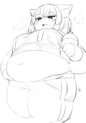 Rule 34 | 1girl, :3, absurdres, animal ear fluff, animal ears, blush, bottle, breasts, breath, cat ears, cat girl, cropped hoodie, drawstring, fang, fat, greyscale, hand on own stomach, highres, holding, holding bottle, hololive, hood, hood down, hoodie, medium breasts, midriff, monochrome, navel, nekomata okayu, nekomata okayu (1st costume), nimo (b45ui), obese, pants, short hair, sketch, smile, solo, thick thighs, thighs, virtual youtuber, white background