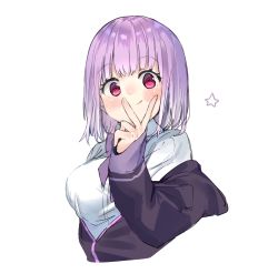 Rule 34 | 1girl, blouse, blush, closed mouth, cropped torso, gridman universe, highres, pink eyes, purple neckwear, ranf, shirt, simple background, sleeves past wrists, smile, solo, ssss.gridman, star (symbol), upper body, v, white background, white shirt