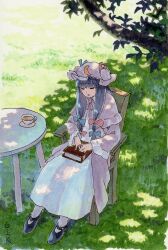 Rule 34 | 1girl, black footwear, blue bow, blue hair, blue ribbon, blunt bangs, book, book on lap, bow, branch, bun cover, capelet, chair, closed eyes, commentary request, crescent, crescent hat ornament, cup, dappled sunlight, dark blue hair, dress, from above, full body, grass, hair bow, hands on own hips, hat, hat ornament, hat ribbon, highres, long dress, long hair, long sleeves, mary janes, mob cap, multiple hair bows, on chair, outdoors, parted lips, patchouli knowledge, purple capelet, purple hat, purple robe, red bow, red ribbon, ribbon, robe, scan, shadow, shiratama (hockey), shoes, sidelocks, signature, sitting, sleeping, sleeping upright, socks, solo, sunlight, table, teacup, touhou, traditional media, white dress, white socks, wide sleeves