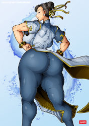 Rule 34 | 1girl, ass, backboob, blue background, blue dress, blue leggings, bracelet, breasts, brown hair, capcom, chinese clothes, chun-li, closed mouth, cowboy shot, double bun, dress, earrings, from behind, hair bun, hair ribbon, hands on own hips, highres, huge ass, jewelry, large breasts, leggings, lips, looking at viewer, looking back, ribbon, shiny clothes, short sleeves, simple background, smile, solo, standing, street fighter, street fighter 6, witchking00