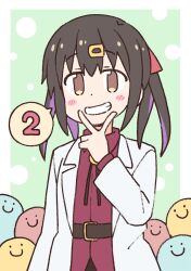 Rule 34 | 1girl, belt, black hair, blush stickers, brown eyes, c:, commentary request, dot nose, finger counting, green background, grin, hair ornament, hairclip, lab coat, long sleeves, looking at viewer, medium hair, multicolored hair, nekotoufu, official art, onii-chan wa oshimai!, oyama mihari, purple hair, red shirt, shirt, simple background, smile, solo, spoken number, streaked hair, twintails, two-tone hair, v, v over mouth