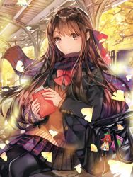 Rule 34 | 1girl, autumn leaves, bag, black jacket, black pantyhose, black scarf, black skirt, blazer, blurry, book, bow, bowtie, brown eyes, brown hair, brown sweater, closed mouth, commentary request, depth of field, ginkgo leaf, highres, holding, holding book, jacket, leaf, long hair, long sleeves, looking at viewer, miniskirt, open clothes, open jacket, original, outdoors, pantyhose, plaid, plaid scarf, plaid skirt, pleated skirt, red bow, red bowtie, rioka (southern blue sky), scarf, school bag, school uniform, sidelocks, sitting, skirt, smile, solo, sweater, tree, watermark