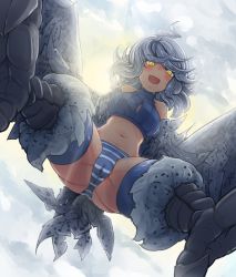 Rule 34 | 1girl, :d, ahoge, ass, backlighting, bare shoulders, bird tail, blush, breasts, cameltoe, cloud, digitigrade, from below, grey hair, halterneck, harpy, harpy (monster girl encyclopedia), highres, looking at viewer, looking down, medium breasts, medium hair, midriff, monster girl, monster girl encyclopedia, nanostar, navel, open mouth, panties, pussy juice stain, smile, solo, striped clothes, striped panties, tail, underwear, wet, wet clothes, wet panties, winged arms, wings, yellow eyes