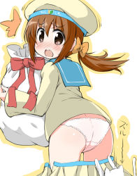 Rule 34 | 10s, 1girl, ^^^, accidental exposure, assisted exposure, blush, brown eyes, brown hair, cat, clothes pull, error musume, girl holding a cat (kancolle), hair ribbon, hat, kantai collection, naitou kouse, open mouth, panties, pantsing, pink panties, pulling another&#039;s clothes, ribbon, sack, school uniform, shoshinsha mark, skirt, skirt pull, solo, surprised, twintails, underwear, wardrobe malfunction