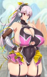 Rule 34 | 1girl, ass, breasts, cleavage, cleavage cutout, clothing cutout, collarbone, covered navel, dekapaiyukari, fishnets, garter straps, hands on own hips, headphones, heart cutout, highres, huge breasts, impossible clothes, impossible leotard, kloah, leotard, linea alba, nitroplus, pink hair, ponytail, red eyes, second-party source, showgirl skirt, sideboob, skin tight, skindentation, solo, super sonico, taimanin (series), taimanin rpgx, taimanin suit