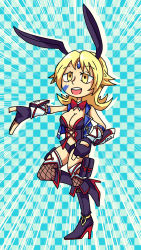 Rule 34 | 1girl, :d, animal ears, black footwear, black gloves, blonde hair, boots, bow, bowtie, breasts, checkered background, cleavage, detached collar, emphasis lines, facial mark, fingerless gloves, fishnet thighhighs, fishnets, flipped hair, forehead jewel, full body, gloves, high heel boots, high heels, highres, large breasts, leg up, long hair, open mouth, project x zone, project x zone 2, rabbit ears, red bow, red bowtie, round teeth, setz, sheath (pxz), silhouette, smile, solo, standing, standing on one leg, teeth, thighhighs, thighs, yellow eyes