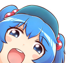 Rule 34 | 1girl, blue eyes, blue hair, blush, blush stickers, close-up, derivative work, hair bobbles, hair ornament, has bad revision, hat, kawashiro nitori, looking at viewer, looking down, love live!, love live! school idol project, matching hair/eyes, md5 mismatch, open mouth, parody, resolution mismatch, short hair, simple background, smile, solo, source smaller, teeth, touhou, twintails, two side up, white background, wool (miwol)
