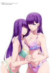 Rule 34 | 2girls, absurdres, arm around waist, bare arms, blue eyes, blunt bangs, bra, breast press, breasts, cleavage, collarbone, colored eyelashes, green bra, green panties, highres, holding hands, interlocked fingers, large breasts, long hair, medium breasts, megami magazine, mole, mole under eye, multiple girls, navel, official art, panties, parted lips, purple bra, purple hair, purple panties, scan, shuumatsu no harem, simple background, smile, suou mira, tachibana elisa, teeth, underwear, underwear only, white background