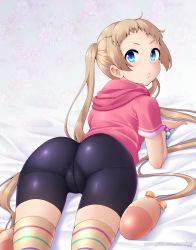 Rule 34 | 1girl, ass, bike shorts, blonde hair, blue eyes, bow, chuunibyou demo koi ga shitai!, crotch seam, dekomori sanae, female focus, floral background, geewhy, hair bow, highres, hood, hoodie, long hair, looking at viewer, looking back, lying, on stomach, shiny clothes, short sleeves, solo, striped clothes, striped thighhighs, thighhighs, very long hair