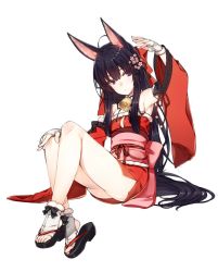 Rule 34 | 1girl, animal ears, ass, bad id, bad twitter id, bare legs, bare shoulders, bell, black bow, black hair, black ribbon, blunt bangs, bow, bow legwear, breasts, closed mouth, collar, collarbone, detached sleeves, dress, fingerless gloves, fingernails, flower, fox ears, full body, fur-trimmed dress, fur-trimmed gloves, fur collar, fur trim, gloves, hair flower, hair ornament, hair ribbon, hand on own knee, hand up, highres, japanese clothes, jingle bell, knees up, long hair, miko, neck bell, neck ribbon, obi, purple eyes, ribbon, ribbon-trimmed sleeves, ribbon trim, sandals, sash, simple background, sitting, small breasts, solo, strapless, strapless dress, tabi, tama (tamatamo), toeless legwear, toes, very long hair, white background, white gloves, wide sleeves