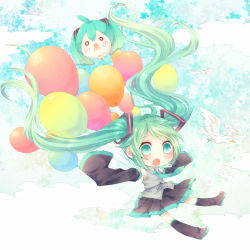 Rule 34 | 1girl, balloon, bird, detached sleeves, flying, green eyes, green hair, hachune miku, hatsune miku, long hair, matching hair/eyes, necktie, niwako, open mouth, skirt, sky, sleeves past wrists, solo, thighhighs, twintails, very long hair, vocaloid