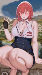 Rule 34 | 1girl, arrow through heart, bare shoulders, black gloves, blush, breasts, cleavage, fingerless gloves, gloves, hanada yanochi, heart, heart necklace, heterochromia, hololive, houshou marine, houshou marine (businesswoman), jewelry, landscape, large breasts, looking at viewer, necklace, off shoulder, one eye closed, open mouth, pirate, pleated skirt, red hair, shirt, short hair, skirt, smile, solo, v, virtual youtuber