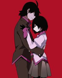 Rule 34 | 1boy, 1girl, ahoge, araragi koyomi, arms around waist, black eyes, black gloves, black hair, black jacket, black pants, black pantyhose, bob cut, closed eyes, closed mouth, commentary, dress shirt, expressionless, face-to-face, facing another, gakuran, gloves, grey skirt, hammer (sunset beach), hands on another&#039;s shoulders, heads together, height difference, highres, hug, jacket, juliet sleeves, light smile, long sleeves, looking at viewer, looking to the side, loose hair strand, monogatari (series), naoetsu high school uniform, oshino ougi, pale skin, pants, pantyhose, pink shirt, pleated skirt, puffy sleeves, red background, school uniform, shirt, short hair, simple background, skirt