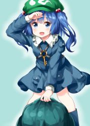 Rule 34 | 1girl, :d, aqua background, backpack, bag, blue eyes, blue footwear, blue hair, blue shirt, blue skirt, blush, boots, collared shirt, flat cap, frilled shirt collar, frills, green hat, hair bobbles, hair ornament, hand on forehead, hat, highres, kawashiro nitori, key, knee boots, long sleeves, medium hair, open mouth, pocket, puffy sleeves, rubber boots, ruu (tksymkw), shirt, short twintails, sidelocks, simple background, skirt, skirt set, smile, solo, sweat, teal background, touhou, twintails, two side up, wiping forehead