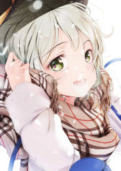 Rule 34 | 1girl, :d, adjusting scarf, an-telin, black hat, checkered clothes, checkered scarf, coat, fur-trimmed sleeves, fur trim, green eyes, green hair, hat, heart, highres, komeiji koishi, looking at viewer, looking to the side, open mouth, scarf, short hair, simple background, smile, snowing, solo, teeth, third eye, touhou, upper body, upper teeth only, white background, white coat