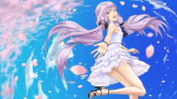 Rule 34 | 1girl, :d, bare shoulders, blue eyes, bracelet, cloud, day, din (raiden), dress, frilled dress, frills, high heels, highres, jewelry, nail polish, open mouth, open shoes, outstretched arm, outstretched hand, petals, purple hair, shoes, sky, smile, sundress, toenail polish, toenails, vocaloid, voiceroid, yuzuki yukari
