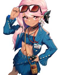 Rule 34 | 1girl, black nails, cellphone, chloe von einzbern, chloe von einzbern (swimsuit avenger), dark-skinned female, dark skin, earrings, eyewear on head, fate/grand order, fate (series), flower earrings, flower ring, hand on own hip, highres, id card, jacket, jewelry, lilcat, long hair, looking at viewer, midriff, nail polish, phone, pink hair, pleated skirt, red eyes, skirt, smartphone, smartphone pouch, smile, stomach tattoo, striped clothes, striped jacket, sunglasses, tattoo, white background