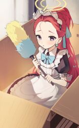 Rule 34 | 1girl, black dress, blue archive, blush, bow, bowtie, box, cardboard box, collared dress, dress, duster, halo, highres, holding, holding duster, in box, in container, long hair, looking at viewer, maid headdress, parted lips, ponytail, purple eyes, raised eyebrows, red hair, short sleeves, sitting, solo, yuku~, yuzu (blue archive), yuzu (maid) (blue archive)