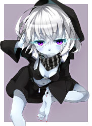 Rule 34 | 10s, 1girl, abyssal ship, bad id, bad pixiv id, barefoot, breasts, clenched teeth, feet, from above, glowing, glowing eyes, hood, hooded jacket, jacket, kantai collection, looking at viewer, looking up, md5 mismatch, pale skin, purple eyes, re-class battleship, salamander (hop-step), scarf, short hair, silver hair, simple background, sitting, small breasts, soles, solo, tears, teeth, toes