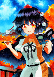 Rule 34 | 1girl, arms up, bad id, bad pixiv id, belt, bird wings, black neckwear, black ribbon, black skirt, black wings, blue sky, day, hat, holding, holding notebook, holding pen, light particles, looking at viewer, marker (medium), mountainous horizon, notebook, open mouth, outdoors, pen, pointy ears, pom pom (clothes), puffy short sleeves, puffy sleeves, qqqrinkappp, railing, red eyes, red hat, ribbon, shameimaru aya, shirt, short sleeves, skirt, sky, solo, standing, tokin hat, touhou, traditional media, two-tone shirt, untucked shirt, upper body, wings