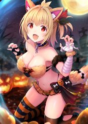 Rule 34 | 1girl, :d, animal ears, antenna hair, armpits, bandaged arm, bandages, bare shoulders, bikini, black bikini, black thighhighs, blonde hair, breasts, chain, claw pose, cleavage, collar, collarbone, commentary request, fang, fox ears, fox tail, full moon, halloween, hands up, highres, jack-o&#039;-lantern, large breasts, looking at viewer, microskirt, moon, navel, night, open mouth, original, pumpkin, red eyes, see-through, short hair, skirt, smile, solo, stomach, striped clothes, striped thighhighs, swimsuit, tail, thighhighs, torn clothes, torn thighhighs, u rin, v-shaped eyebrows