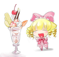 Rule 34 | 00s, 1girl, blonde hair, bloomers, bow, cherry, chibi, chibi only, closed eyes, food, fruit, full body, hair bow, happy, hinaichigo, ice cream, mini person, minigirl, no nose, open mouth, parfait, pink bow, pink shirt, pocky, rozen maiden, shirt, short hair, sketch, solo, standing, underwear, white background