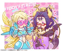 Rule 34 | 2girls, angel, angel girl, angel wings, armor, bandai, bare shoulders, black hair, blonde hair, blue eyes, blush, breasts, chibi, cleavage, closed eyes, clothing cutout, demon girl, demon horns, detached collar, digimon, digimon (creature), forehead tattoo, glasses, heart-shaped glasses, horns, lilithmon, long hair, low wings, medium breasts, multiple girls, ofanimon, official art, short hair, stomach cutout, tagme, tattoo, wings