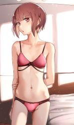 Rule 34 | 1girl, :o, bed, bed sheet, blunt bangs, blush, bra, breasts, brown eyes, brown hair, collarbone, highres, indoors, kabayaki namazu, kantai collection, lingerie, navel, panties, red bra, red panties, short hair, small breasts, solo, thighs, underwear, underwear only, z3 max schultz (kancolle)