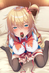 Rule 34 | 1girl, akai haato, akai haato (1st costume), bed, black thighhighs, blonde hair, blue eyes, blue skirt, bound, bound wrists, breasts, chocolate, foot out of frame, from above, hair ornament, heart, heart-shaped pupils, heart hair ornament, highres, hololive, large breasts, looking at viewer, looking up, magowasabi, nail polish, neck ribbon, no shoes, on bed, open mouth, pillow, red nails, red ribbon, ribbon, ribbon bondage, shirt, signature, sitting, skindentation, skirt, solo, symbol-shaped pupils, thighhighs, tongue, tongue out, twitter username, valentine, virtual youtuber, wariza, white shirt