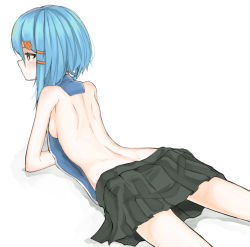 Rule 34 | 1girl, back, backless outfit, bare back, bird hair ornament, black skirt, blue hair, breasts, closed mouth, from behind, guruten11, hair between eyes, hair ornament, hair tie, hairclip, lying, on stomach, original, pleated skirt, porta (guruten11), revealing clothes, short hair, shoulder blades, sideboob, sidelocks, simple background, skirt, small breasts, solo, white background, yellow eyes