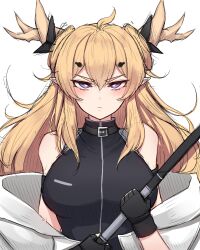 Rule 34 | 1girl, absurdres, ahoge, antlers, arknights, blonde hair, blue eyes, breasts, fingerless gloves, frown, gloves, highres, holding, holding staff, horns, jitome, large breasts, leizi (arknights), long hair, pointy ears, rikuguma, sleeveless, solo, staff, thick eyebrows, white background