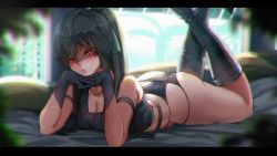 Rule 34 | 1girl, absurdres, arched back, beach, bikini, black hair, black legwear, blush, boots, bow, breasts, gloves, glowing, glowing eyes, hair bow, highres, housou-kun, indoors, legs up, looking at viewer, lying, medium breasts, micro bikini, on stomach, original, own hands together, ponytail, red eyes, self-upload, solo, swimsuit, topless, yandere