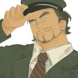 Rule 34 | 1boy, adjusting clothes, adjusting headwear, bara, beard stubble, blackthornwww, facial hair, goatee, grey hair, hat, highres, kepi, looking at viewer, male focus, mature male, military hat, necktie, old, old man, original, seductive smile, short hair, smile, solo, sparse stubble, stubble, thick eyebrows