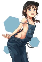 Rule 34 | 1girl, ahoge, arms behind back, artist name, bad id, bad pixiv id, blue eyes, bracelet, breasts, brown hair, cleavage, denim, hair over shoulder, hair tie, hat, jewelry, kantai collection, leaning forward, looking at viewer, makio (makiomeigenbot), medium hair, naked overalls, necklace, open mouth, overalls, own hands together, shigure (kancolle), simple background, small breasts, solo, strap slip