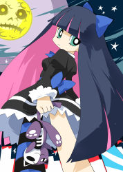 Rule 34 | 10s, 1girl, bow, colored inner hair, dress, from below, green eyes, hair bow, highres, honekoneko (psg), long hair, looking back, moon, multicolored hair, night, noto (soranoto), panty &amp; stocking with garterbelt, solo, star (symbol), stocking (psg), striped clothes, striped thighhighs, stuffed animal, stuffed cat, stuffed toy, sword, thighhighs, two-tone hair, weapon