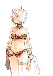 Rule 34 | ..., 1girl, adventurer (ff11), animal ears, bare shoulders, belt, blue eyes, bra, breasts, cat ears, cat girl, cat tail, choker, cleavage, closed mouth, colored eyelashes, doraeshi, facial mark, final fantasy, final fantasy xi, hair between eyes, halterneck, highres, medium breasts, mithra (ff11), navel, orange belt, orange bra, orange choker, orange panties, panties, short hair, simple background, solo, tail, thigh strap, underwear, whisker markings, white background, white hair