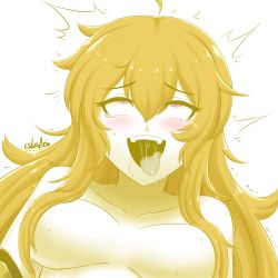 Rule 34 | 1girl, ahegao, artist name, blonde hair, blush, breasts, collarbone, convenient censoring, cslucaris, eyebrows, hair between eyes, large breasts, long hair, naughty face, open mouth, purple eyes, rolling eyes, rwby, sidelocks, simple background, spot color, sweat, sweatdrop, tears, teeth, tongue, tongue out, topless, trembling, white background, yang xiao long