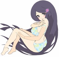 Rule 34 | 10s, 1girl, ass, black hair, blue bra, blue hair, blue panties, bra, breasts, creatures (company), fennel (pokemon), finger to mouth, flower, full body, game freak, hair flower, hair ornament, hairclip, large breasts, long hair, looking at viewer, nintendo, panties, pokemon, pokemon bw, saitou naoki, simple background, sketch, smile, solo, underwear, underwear only, very long hair, white background