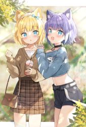 Rule 34 | 2girls, :d, :o, animal ear fluff, animal ears, bag, belt, belt buckle, black choker, black shorts, blonde hair, blue bow, blue eyes, blue shirt, blurry, blurry background, blush, bow, brown jacket, brown nails, brown skirt, buckle, camisole, choker, commentary, crop top, cup, depth of field, disposable cup, drinking straw, fang, fox ears, hair bow, hairband, hands on another&#039;s shoulder, highres, holding, holding cup, jacket, long sleeves, looking at viewer, midriff, multiple girls, nail polish, navel, off shoulder, open mouth, own hands together, parted lips, plaid, plaid skirt, puffy long sleeves, puffy sleeves, purple hair, purple nails, rukiroki, saeki sora, sasugano roki, sasugano ruki, shirt, short shorts, shorts, shoulder bag, siblings, sisters, skirt, sleeves past wrists, smile, symbol-only commentary, twintails, virtual youtuber, white belt, white camisole, white hairband